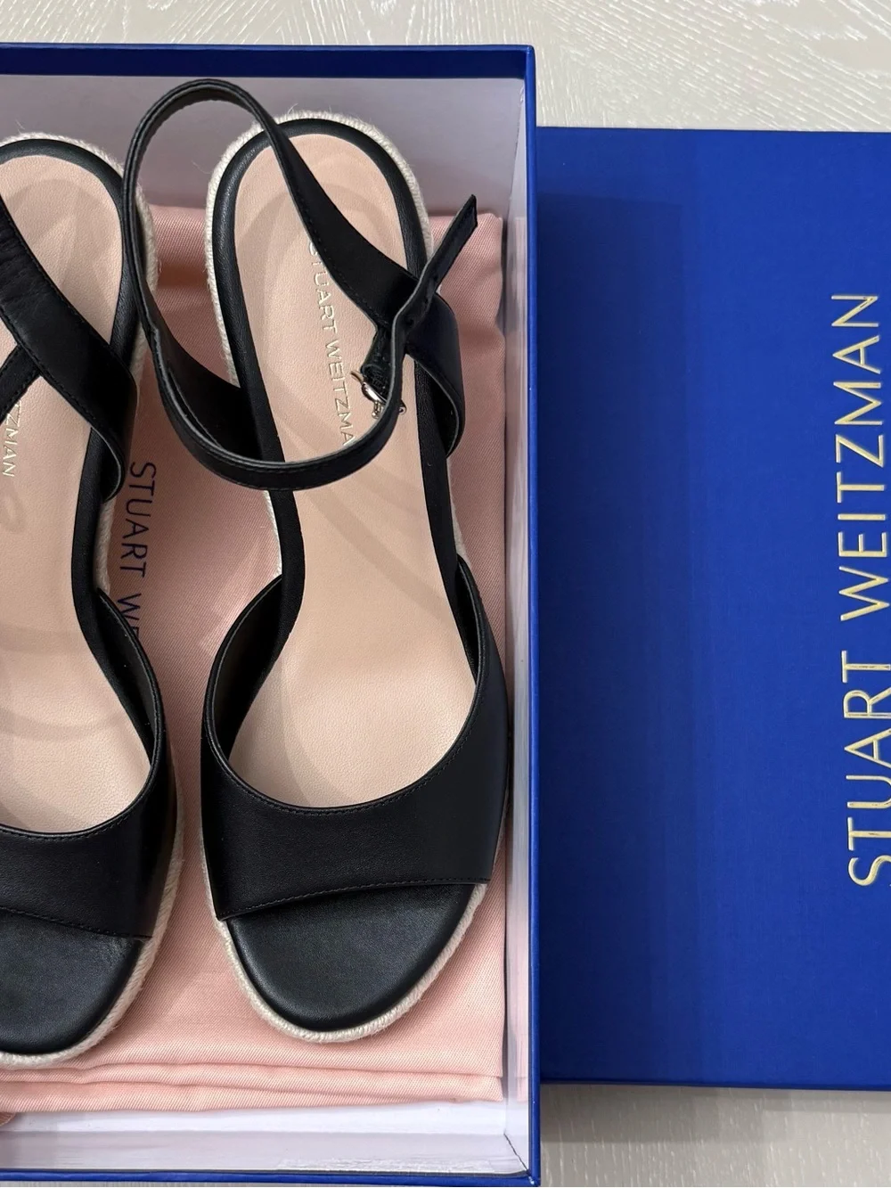 Stuart Weitzman Black Leather Espadrille Slingback Sandals with Tan Jute Sole